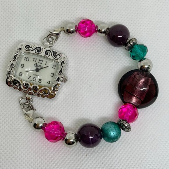 Swap silver tone women watch 28mm mop dial quartz colorful beads size 7”running - Picture 1 of 5